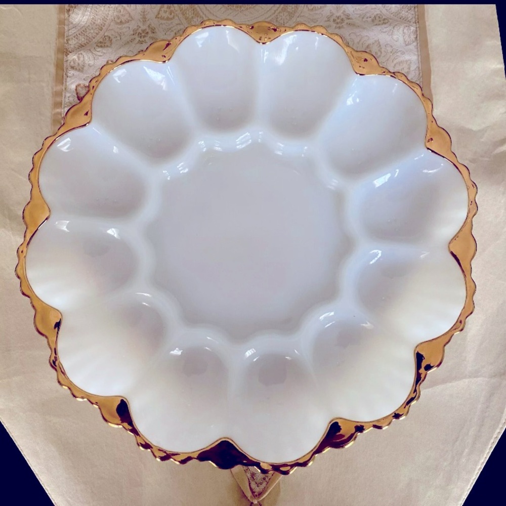 Fire King Elegant Gold and White Scalloped Egg Platter